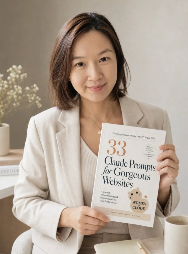 A participant holding the Women in Claude learning kit: 33 Claude Prompts for Gorgeous Websites